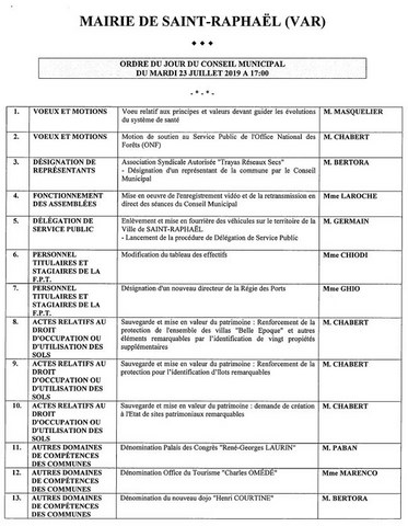 Ordre du Jour Conseil Municipal Saint-Raphaël